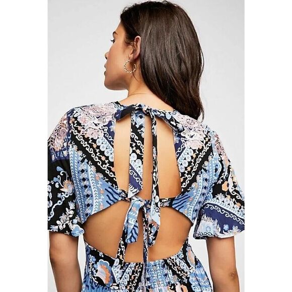 Free People Coco Printed Maxi Dress Blue Black Open Back Small - Picture 4 of 15